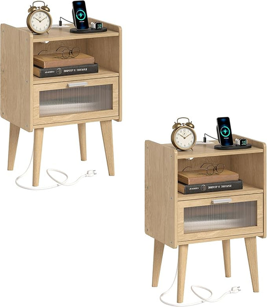 Nightstand with Charging Station, Natural Wood Bedside Tables, Modern End Table, Side Table with 2 Tiers Storage Space for Bedroom Living Room MLBZ07YE-2