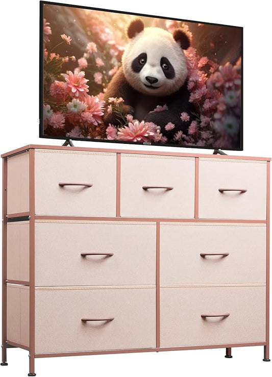 WLIVE 7 Drawer Dresser TV Stand, Entertainment Center, Media Console Table with Metal Frame and Wood Top for TV up to 45 inch, Chest of Drawers for Bedroom, Living Room, Pink
