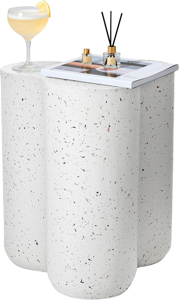 18” Side Table, Modern Outdoor Accent Table with Painted Faux Terrazzo-Look, Durable Lightweight Coffee Table Art Decor, Outside Garden Stool with Weatherproof MGO for Indoor Porch Garden
