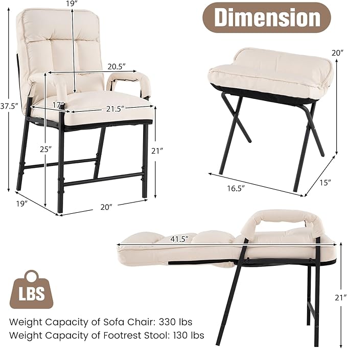 Giantex Modern Accent Chair with Ottoman, Upholstered Arm Chair with Adjustable Backrest & Solid Metal Frame, Linen Fabric Single Sofa Chair and Footrest Set for Bedroom, Living Room (Beige)