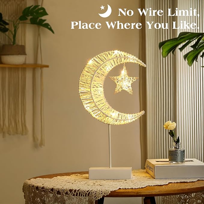 Lewondr Decorative Table Lamp, Christmas Moon Star Ramadan Desk Lamp Battery Powered Warm LED Crescent Light for Xmas Home Bedroom Bedside Desktop Nightstand Decoration, White