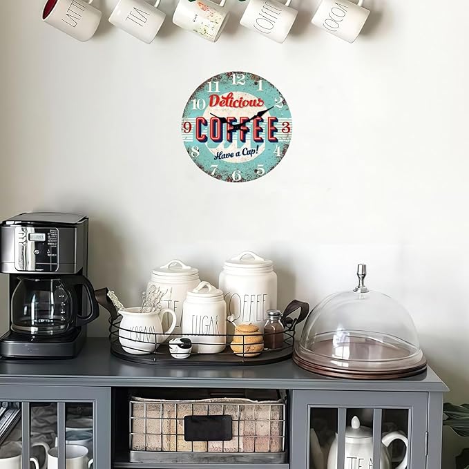 XFM Kitchen Wall Clock 16 inch Blue Coffee Sign Wall Clocks Battery Operated Silent Non Ticking Rustic Wood Clock for Dining Room Bar Cafes Bedroom