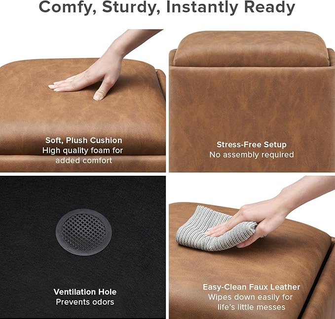 mopio Levi Storage Bench with Reversible Tray, Modern Storage Coffee Table, Bedroom Bench, Rectangular Cube Upholstered Coffee Table Ottoman for Living Room, Bedroom (Faux Leather, Pecan Brown)