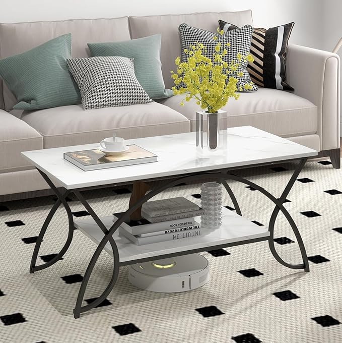Giantex 2-Tier Rectangular Coffee Table, Faux Marble Table with Open Storage Shelf, Black Finished Metal Frame, Modern Center Table for Living Room, Reception Room (White+Black)