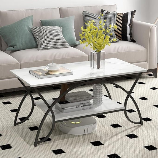 Giantex 2-Tier Rectangular Coffee Table, Faux Marble Table with Open Storage Shelf, Black Finished Metal Frame, Modern Center Table for Living Room, Reception Room (White+Black)