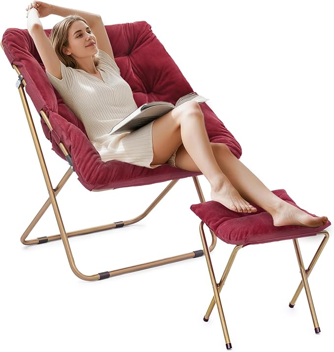 Athena Collection Saucer Chair with Ottoman Comfy Chair for Bed Room Living Room Folding Round Cozy Chair Faux Fur Metal Frame Foldable Lazy Chair Accent Chair Reading Chair, Red, Burgundy