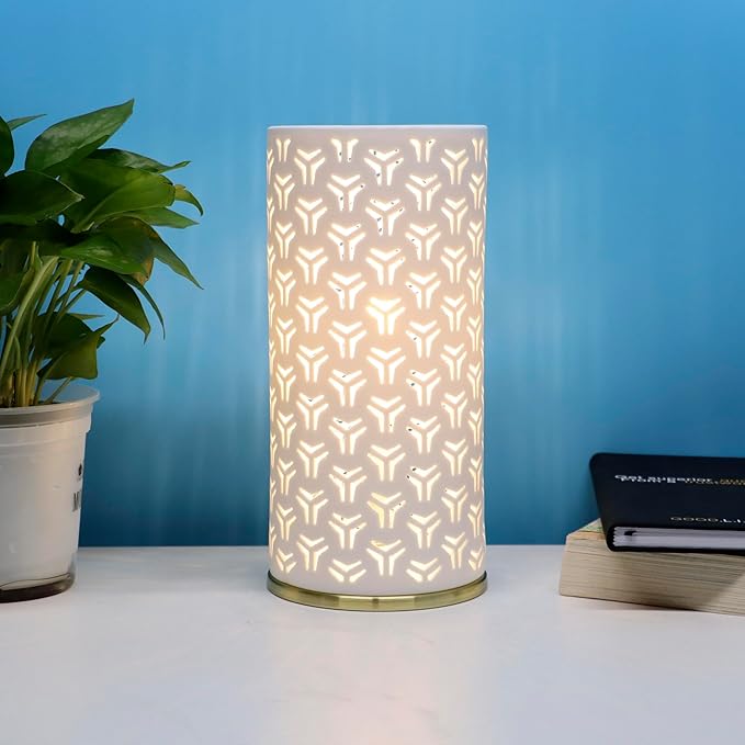 Small Modern Ceramics Bedside Table Lamp, 4.5 x 4.5 x 9.75 Inch White Triangle Style Nightstand Lamps, Side Table Lamps for Bedroom Living Room Entryway Table Light