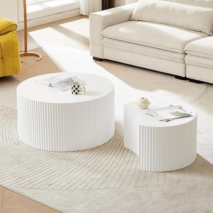WILLIAMSPACE Nesting Coffee Table Set of 2, Round & Crescent Moon Wooden Coffee Tables, Modern Luxury Accent End Tea Table for Living Room Apartment (White-Round)