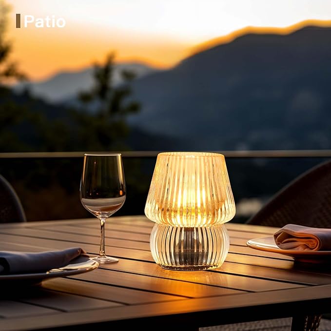 Battery Operated Lamp with Timer, Small Cute Cordless Glass Table Lamp for Home Decor, Kitchen, Bathroom, Birthday Gift for Women, Mushroom, Amber