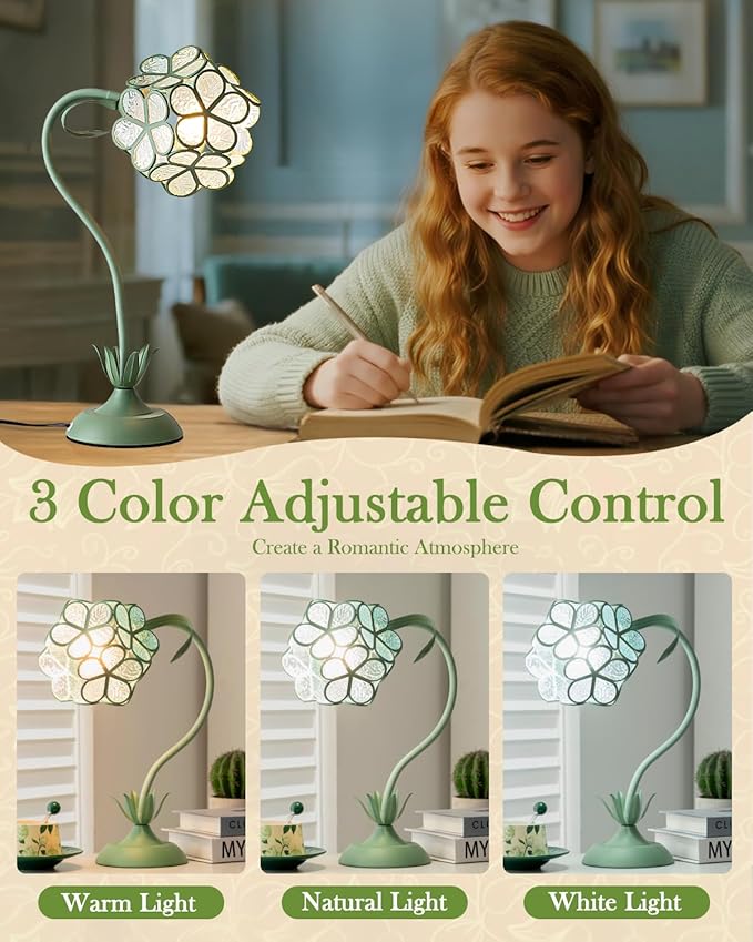 Flower Table Lamp, Vintage Green Floral Desk Light with Artistic Glass Petal Shade, Cottagecore Ambient Bedside Nightstand Lamp for Bedroom, Living Room, Study, Gift