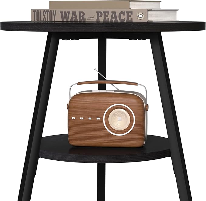 INHABIT UNION Round Side Table, 2-Tier End Table with Black Wood Top and Metal Frame, Small Accent Table for Living Room, Bedroom, 15.4" D x 21.6" H