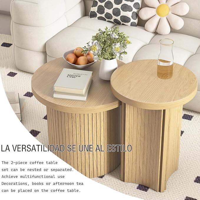 Set of 2 Nesting Coffee Tables Farmhouse,Round Coffee Tables Living Room,Wood Finish Coffee Table Set, Small Coffee Table, Sofa Side Living Room Bedroom Coffee Table Side Table (Small Size-Set)