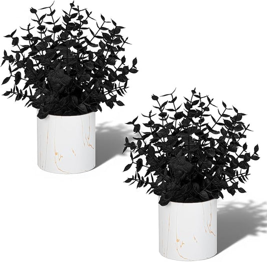 2 Pack Halloween Fake Plants Eucalyptus Potted, Black Artificial Plants, Black Decor for Home Desk Shelf Office Bathroom Coffee Table Halloween Decor