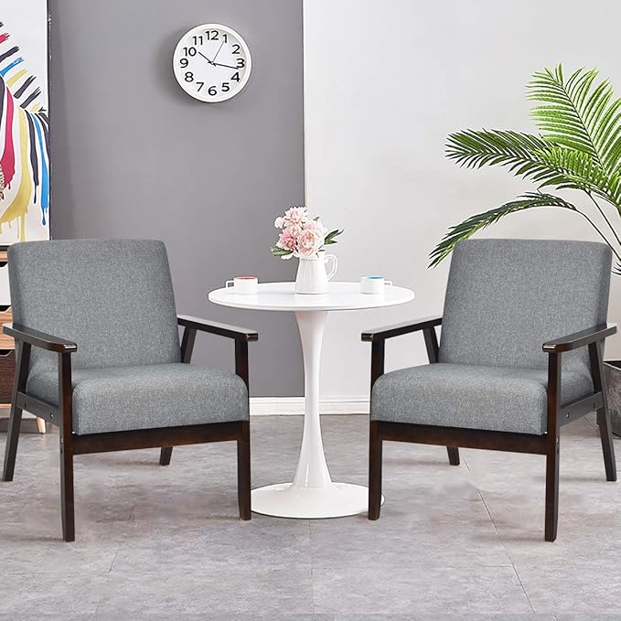 Giantex Set of 2 Mid-Century Modern Accent Chair, Retro Fabric Armchair, Solid Hardwood Made, Upholstered Linen Lounge Arm Chair for Living Room (Dark Grey)