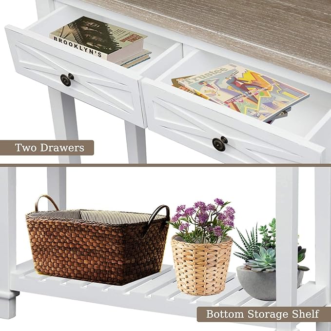 KINTNESS Console Table with 2 Drawers, Farmhouse Sofa End Table with Shelves for Entryway Living Room Hallway, White