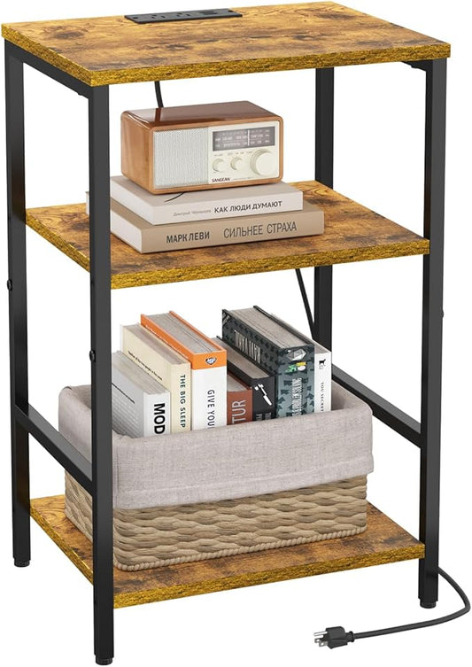 X-cosrack Side Table with Charging Station, End Table with USB Ports and Outlets, Nightstand with Storage Shelves for Small Space, Sofa Couch Table Bedside Table for Living Room Bedroom