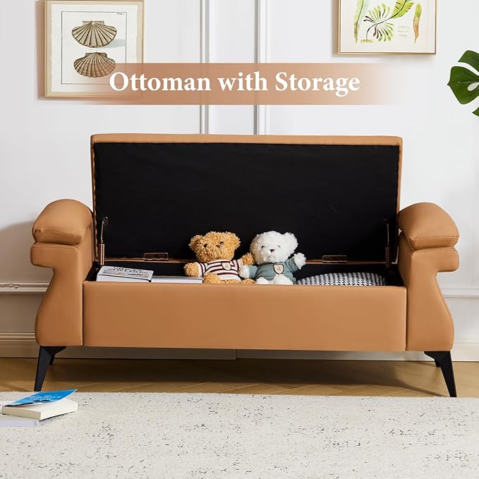 Furniliving 51” Storage Bench, End of Bed Bench with Armrest Cushion Large Upholstered Storage Ottoman Leather Window Bench with Storage Shoe Cabinet Bench, for Bedroom, Entryway, Brown