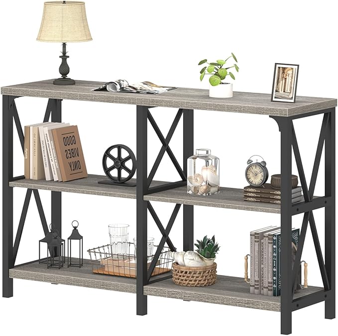 IBF Farmhouse Rustic Sofa Table, Modern Metal Wood 3 Tier Entryway Table, Industrial Console Table with Storage Shelves, Foyer Hallway Couch Table Behind Sofa for Living Room Bedroom, Grey Oak, 47 in