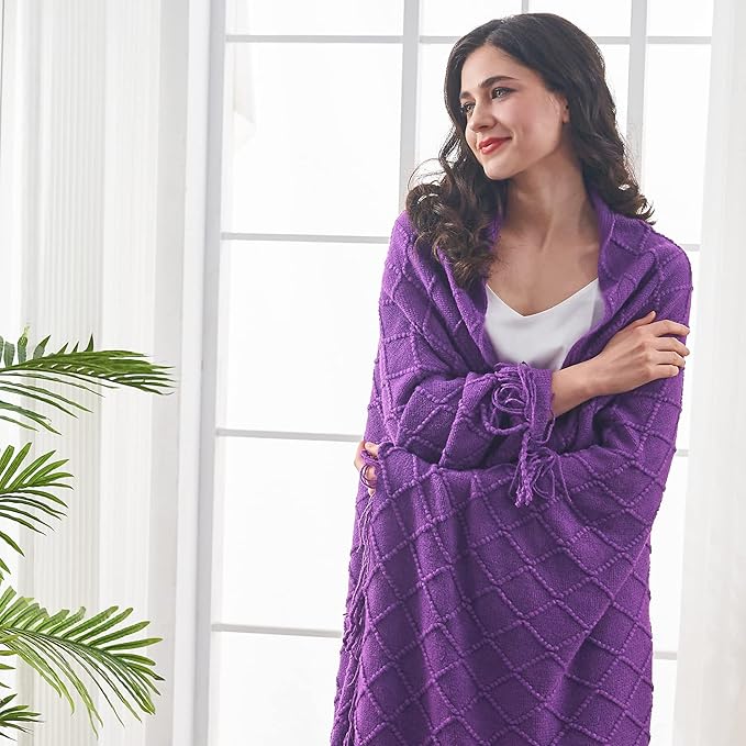 inhand Valentine's Day Gifts Throw Blanket Purple for Couch, Soft Living Room Home Decor Twin Size Knitted Blanket, Outdoor Lightweight Breathable Summer Blanket, Farmhouse Woven Decorative, 60"x80"
