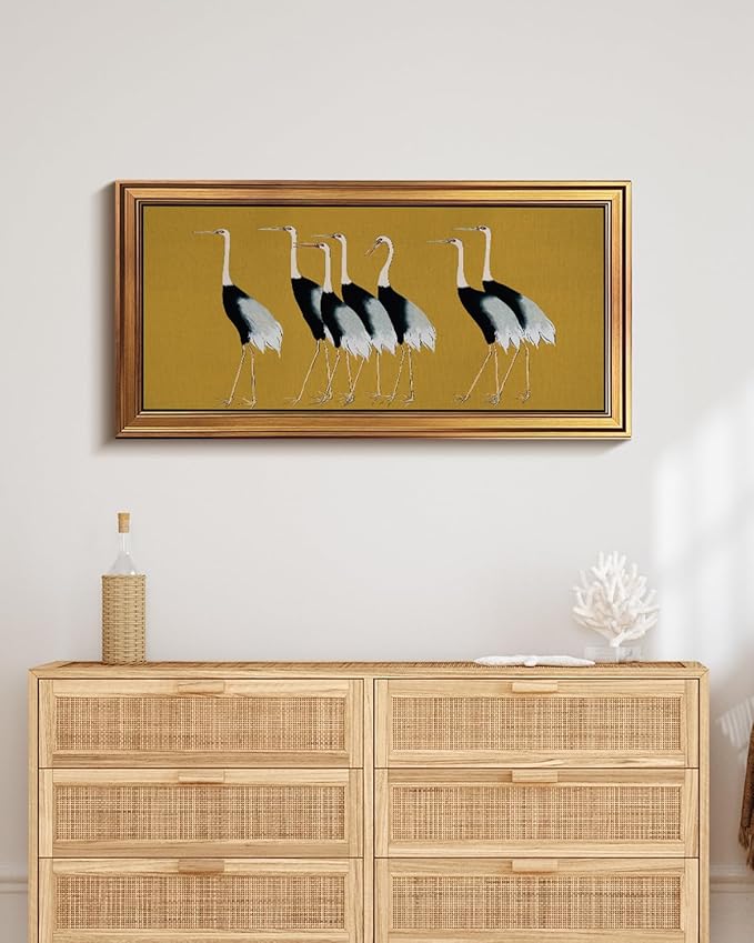 HUARCEY Gold Framed Vintage Wall Art for Living Room, Animals Painting Prints Shelf Decor for Kitchen, Aesthetic Bedroom Wall Art Decor, Christmas Gifts for Friends or Family (Seven Cranes 20"x40")