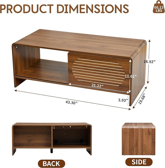 43.3“ Mid Century Modern Coffee Table with Storage, Curved Profile Wood Coffee Table with Sliding Arched Door, Farmhouse Center Table Rectangle Coffee Table for Living Room, Office, Walnut