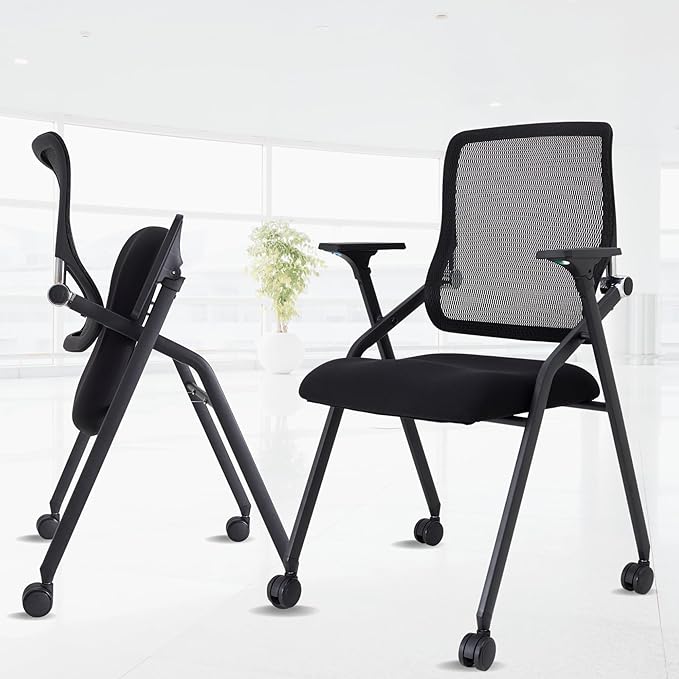 2 Pack Stackable & Foldable Conference Room Chairs with Lumbar Support, Armrest - Ergonomic Mesh Bouncing Back for Office Meeting, Conference, Reception and Training Room Chair