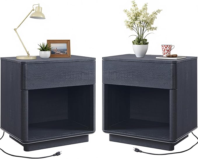 ACCOHOHO Modern Nightstand Set of 2 with Charger Station, 22" Wide Night Stand with Storage Drawer & Open Shelf, Large Bedside Table for Bedroom, Wood End Table, Curved Profile, Black