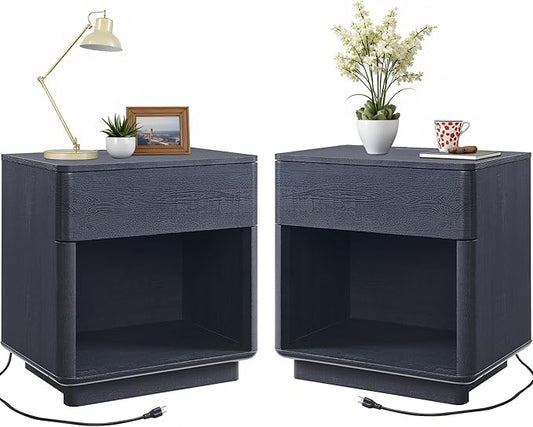 ACCOHOHO Modern Nightstand Set of 2 with Charger Station, 22" Wide Night Stand with Storage Drawer & Open Shelf, Large Bedside Table for Bedroom, Wood End Table, Curved Profile, Black
