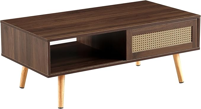 IANIYA Boho Coffee Table with Storage, Dining Table with Rattan Drawer and Solid Wood Legs, Small Center Tables for Living Room Small Space (Brown)