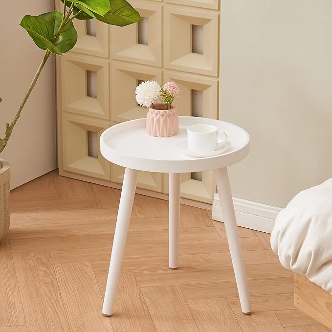 Apicizon Round White Side Table, Tray Nightstand Coffee End Table for Living Room, Bedroom, Small Spaces, Easy Assembly Bedside Table, 15 x 18 Inches