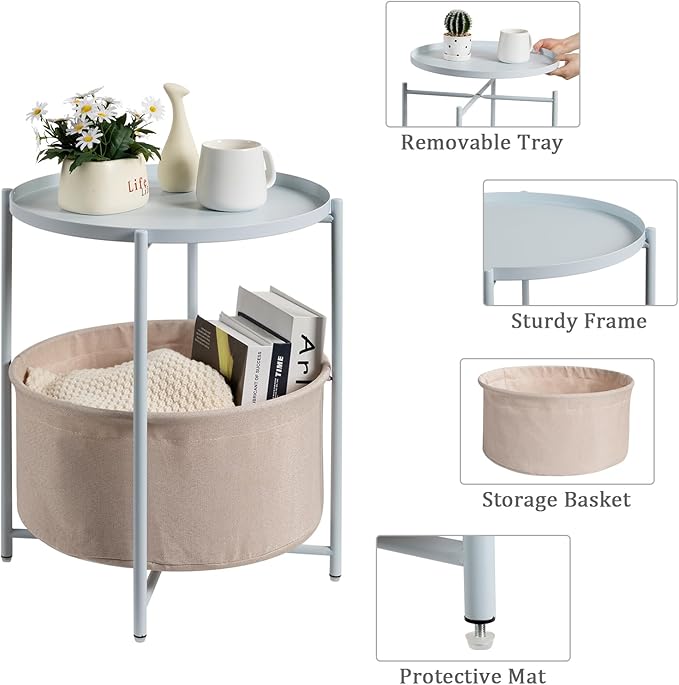 danpinera Round Side Table with Fabric Storage Basket, Metal Side Table Small Bedside Nightstand with Removable Tray Top for Living Room, Bedroom, Nursery, Laundry, Blue-Gray