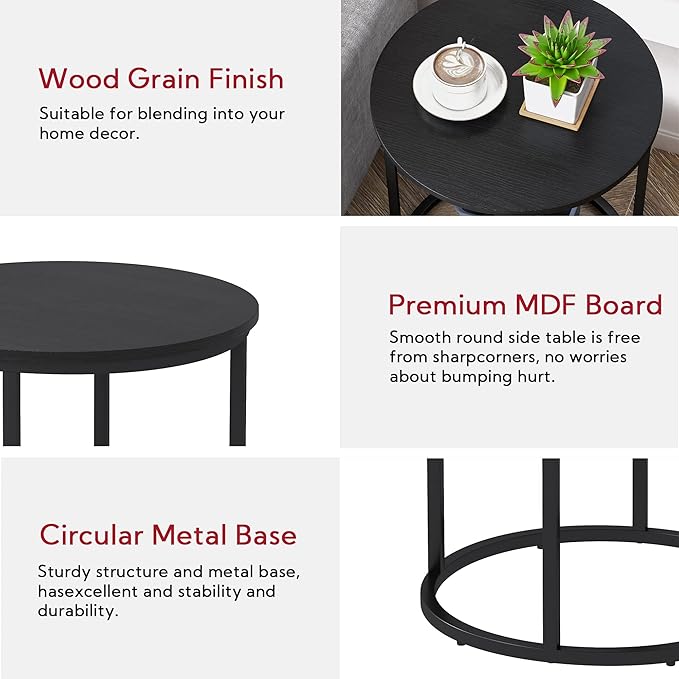 Yusong Round End Table, 20" Accent Small Side Table Suitable for Hiding Trash Can, Nightstand Modern Bedside Table for Living Room Bedroom Office Small Spaces, Black