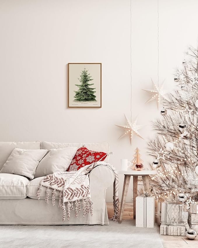 InSimSea Framed Canvas Wall Art, Vintage Christmas Decor, Living Room Pine Tree Winter Artwork, Botanical Fir Decor for Bedroom Bathroom, Cottagecore Xmas Holiday Decorations Gifts, 12x16 Inch