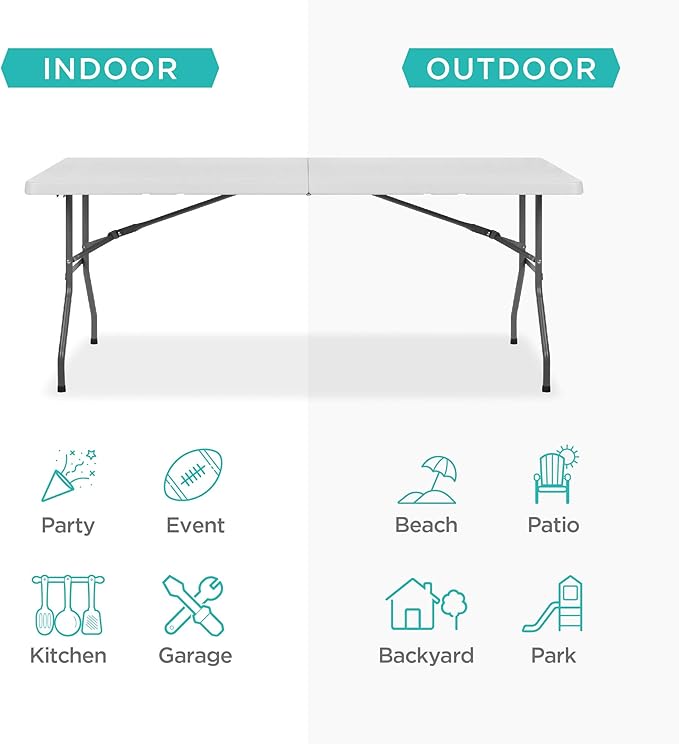 Best Choice Products 6ft Plastic Folding Table, Indoor Outdoor Heavy Duty Portable w/Handle, Lock for Picnic, Party, Camping - White