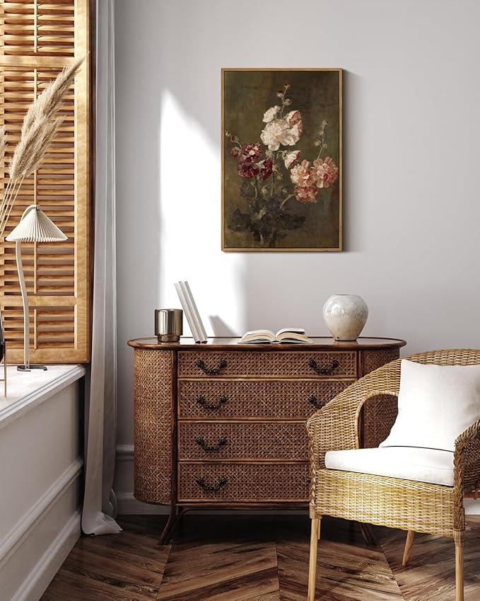 ARPEOTCY Vintage Floral Framed Wall Art, Hollyhocks Bathroom Decor Aesthetic, 16x24 Inch Large Canvas Art, Retro Wall Decor for Bedroom Living Room, Office Still Life Paintings Gifts