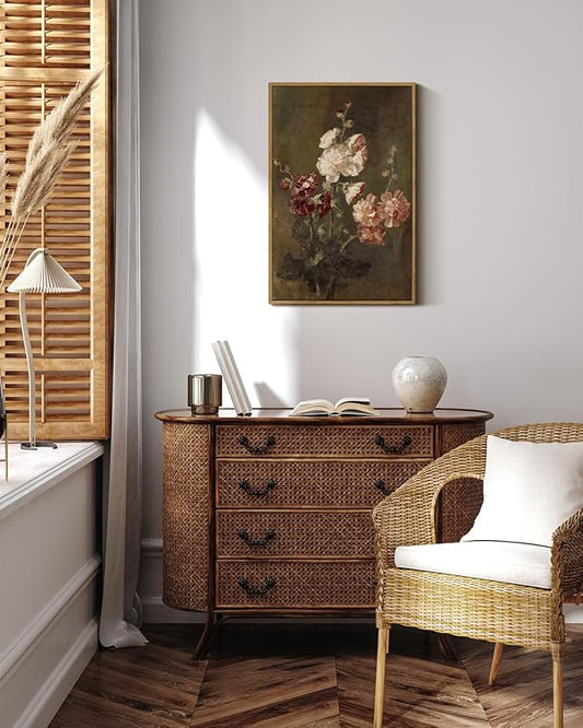 ARPEOTCY Vintage Floral Framed Wall Art, Hollyhocks Bathroom Decor Aesthetic, 16x24 Inch Large Canvas Art, Retro Wall Decor for Bedroom Living Room, Office Still Life Paintings Gifts