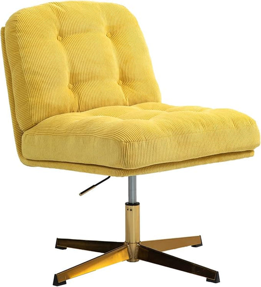 ZOBIDO Modern Accent Corduroy Chairs Comfy Upholstered Vanity Chairs for Bedroom Armchair Dining Chairs with Golden Metal Legs Desk Chair for Living Room(Yellow