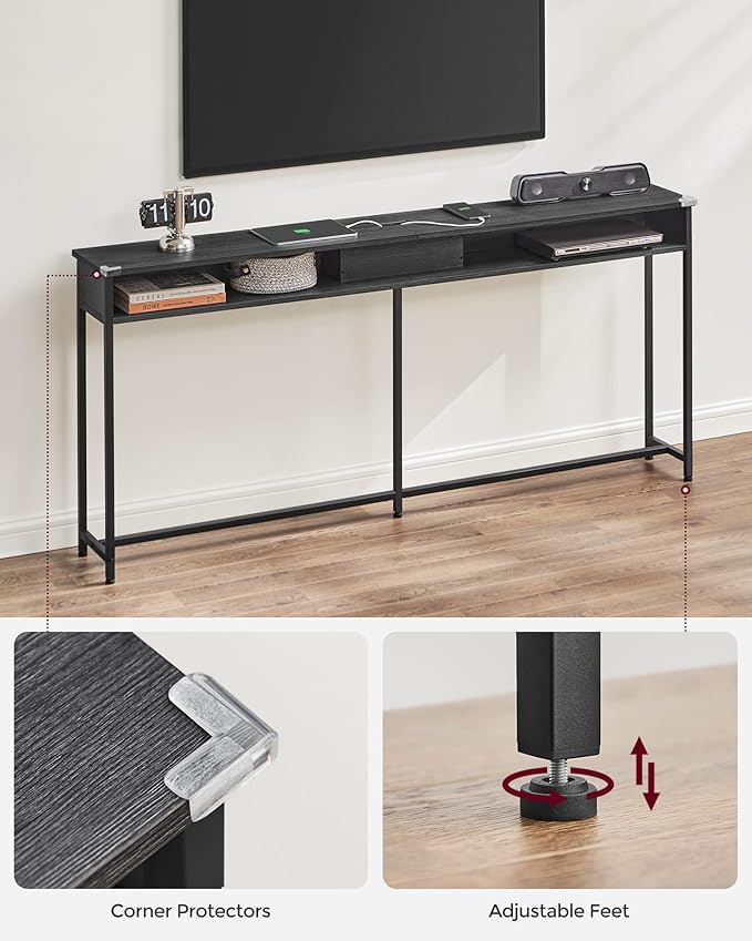 VASAGLE 70.9-Inch Console Table with Outlet and Shelves, Sofa Table with Charging Station, Behind Couch Table Skinny, Entryway Table for Hallway, Living Room, Charcoal Gray and Ink Black ULNT118B22