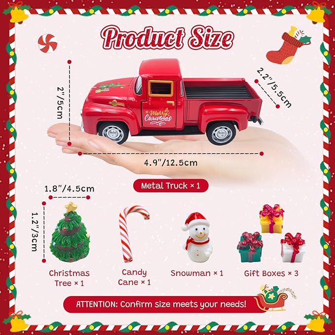Christmas Red Truck Decor 5 Inch Vintage Farmhouse Metal Truck with Mini Christmas Village Accessories Rustic Xmas Tiered Tray Decor Winter Holiday Tabletop Decorations Xmas Party New Year Gifts