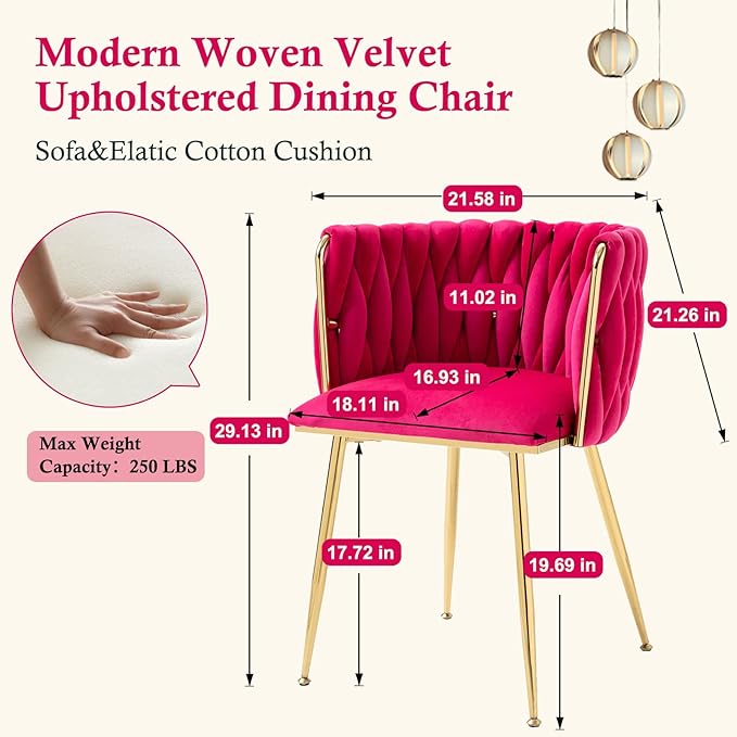 NIOIIKIT Modern Velvet Dining Chairs Hand Weaving Accent Chairs Living Room Chairs Upholstered Side Chair with Golden Metal Legs for Dining Room Kitchen Vanity Living Room (Rosered)
