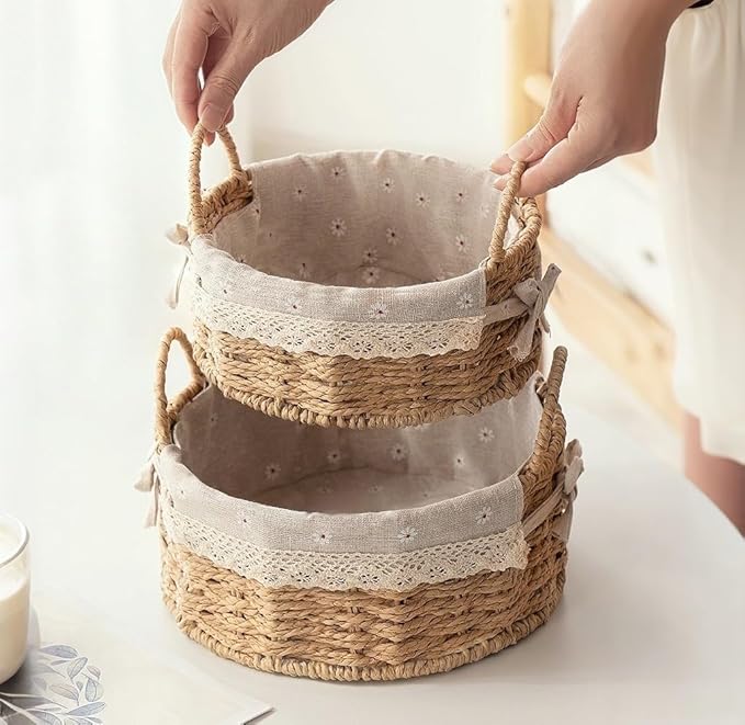 GIB Small Wicker Storage Baskets for Organizing, Decorative Woven Baskets with Handles & Liners, Boho Paper Rope Round Serving Baskets Trays for Shelves, Table, Gifts, Set of 2