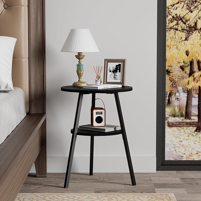 INHABIT UNION Round Side Table, 2-Tier End Table with Black Wood Top and Metal Frame, Small Accent Table for Living Room, Bedroom, 15.4" D x 21.6" H