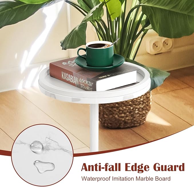 smusei 2 Pack Small Round Side Table Drink Table with Marble Base Pedestal Table for Small Spaces Round End Table with Anti-Fall Guard for Living Room Bedroom Home Decor, White