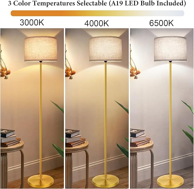 65‘’ Gold Floor Lamp with 3-Color Temperatures LED Bulb, Modern Industrial Tall light for Living Room, Minimalist Standing Lamp with Foot Switch, Gold Stand Lamp for Bedroom Office Nursery, E26 Base