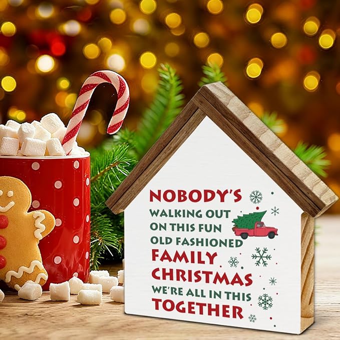 Funny Christmas Decor, Old Fashioned Family Christmas House Shaped Wood Block Sign, Xmas Holiday Vacation Home Decorations for Desk Table Shelf