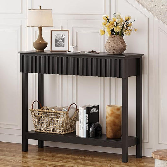 Fluted Console Table with 2 Drawers Narrow Sofa Table with Open Storage Shelf Modern Behind Couch Tables Long Entryway Table for Foyer Hallway