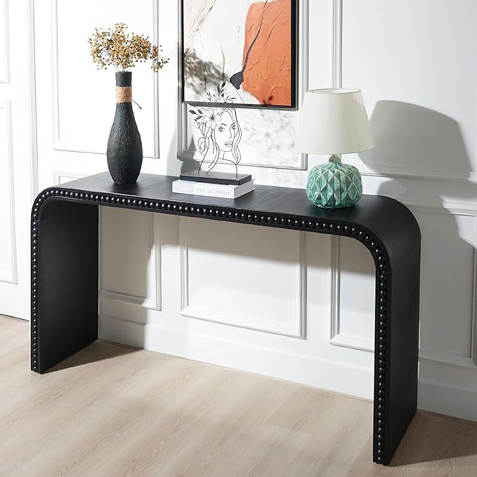 59" Wood Black Console Table with Wood Beads, for Entryway, Hallway, Living Room, Foyer, Corridor, Office, Modern Curved Waterfall-Style