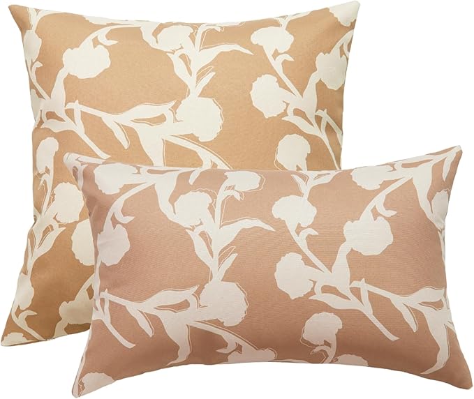 Mantle & Mason Floral Outdoor Lumbar Pillows Waterproof 12x20 for Patio Furniture Set of 2 Tan Decorative Pillow Covers for Couch Porch Chair Bench Reversable Chinoiserie Home Decor Pillow Cases