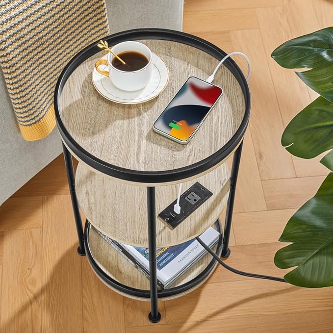 Dulcii Round Side Table with Charging Station, End Table with 3 Shelves for Living Room, Bedroom Nightstand for Small Spaces, Industrial Round Sofa Table with Steel Frame (USB+Oak)