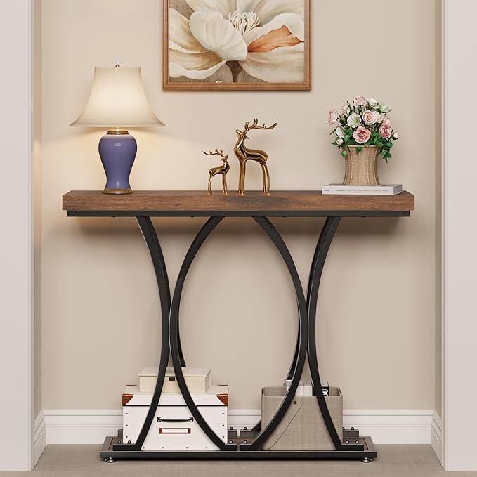 JUSTOGO 41.3" Industrial Entryway Table, Narrow Wood Sofa Console Table with Geometric Metal Legs and Ellipse Base, Living Room Furniture for Foyer, Hallway, Entrance, Rustic Brown